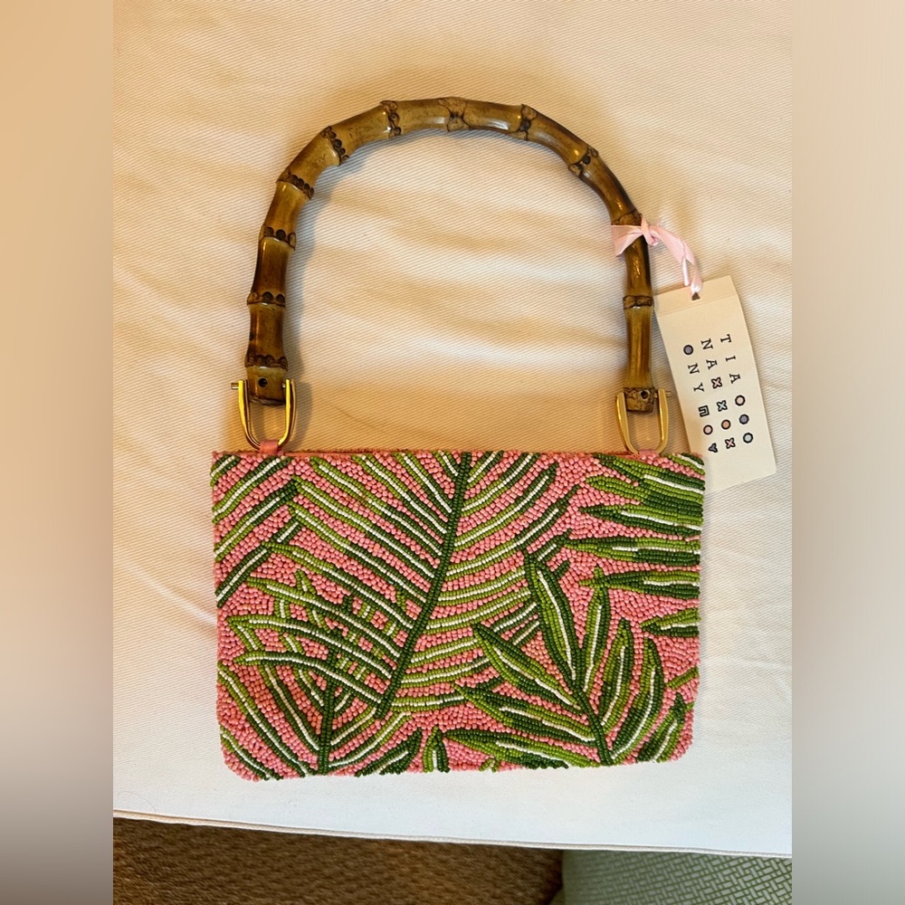 Tiana New York Pink and Green Beaded Palm Leaf Clutch with Bamboo Handle